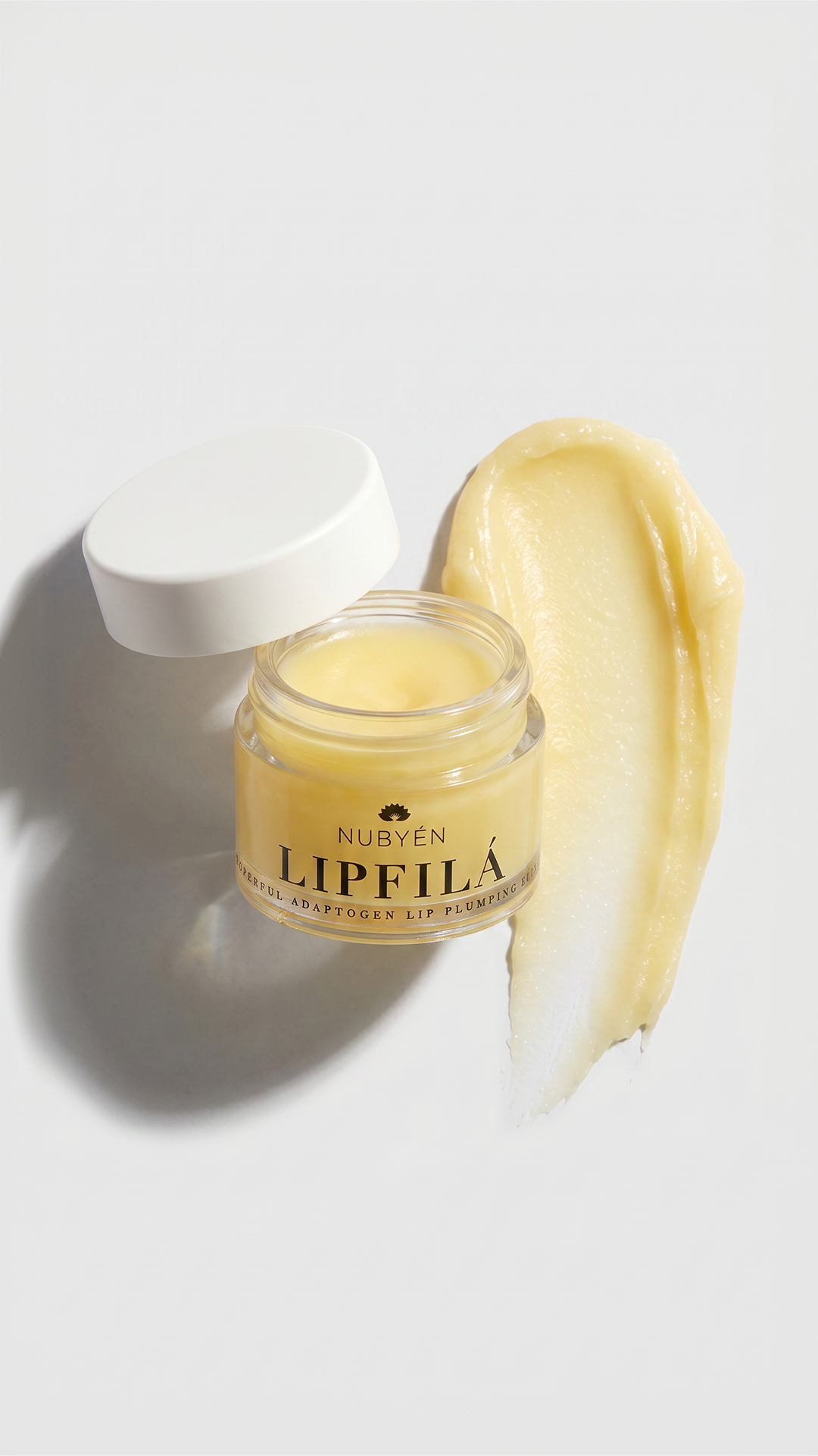 Nubyén Lip Filá jar with product swatch showing the key ingredient textures